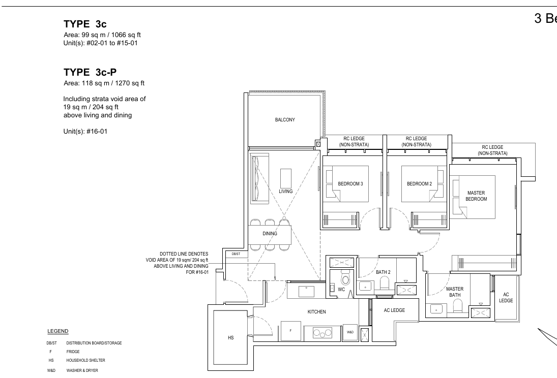 3-Bedroom Premium · Type 3c · 1,044 – 1,066 sqft (3c-P 1,270 sqft)
